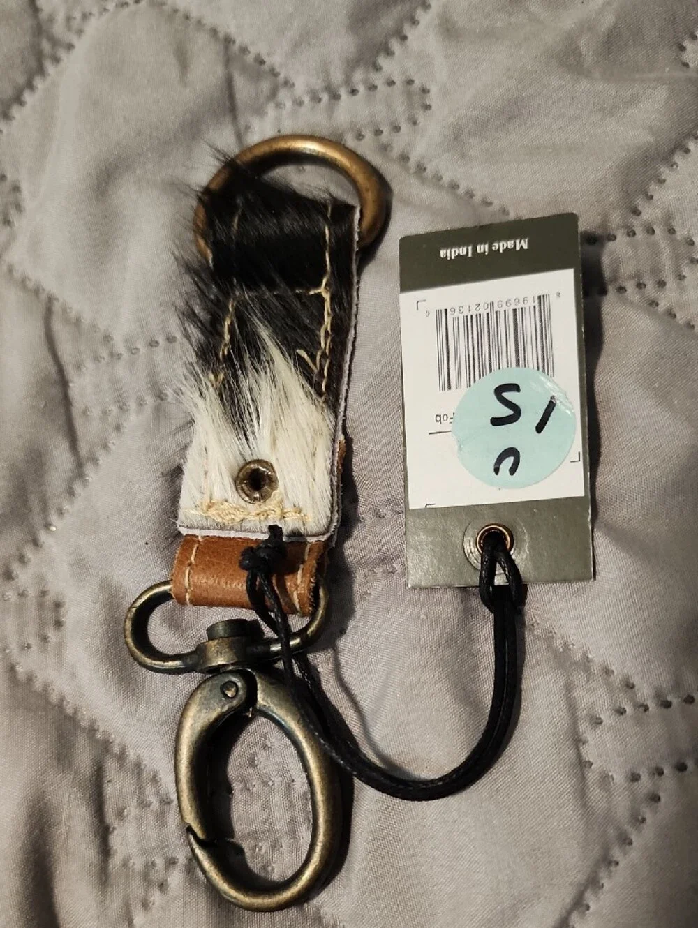 Myra Bag Black and Brown Leather Key Clip with Antique Brass Hardware